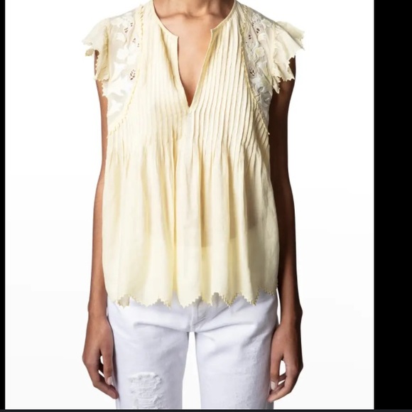 Zadig & Voltaire top XS Tiara floral embroidered prairie yellow flutter eyelet - Picture 3 of 13